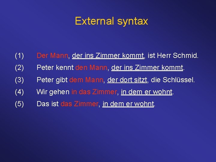 External syntax (1) Der Mann, der ins Zimmer kommt, ist Herr Schmid. (2) Peter