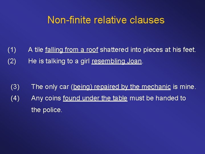 Non-finite relative clauses (1) A tile falling from a roof shattered into pieces at