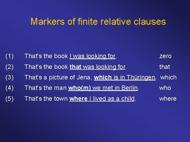 Markers of finite relative clauses (1) That’s the book I was looking for. zero