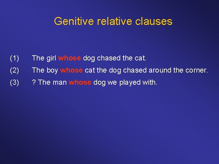Genitive relative clauses (1) The girl whose dog chased the cat. (2) The boy
