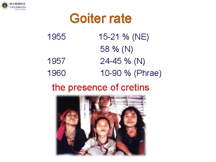 Goiter rate 1955 15 -21 % (NE) 58 % (N) 1957 24 -45 %