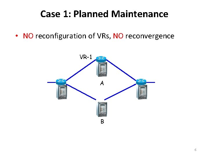 Case 1: Planned Maintenance • NO reconfiguration of VRs, NO reconvergence VR-1 A B