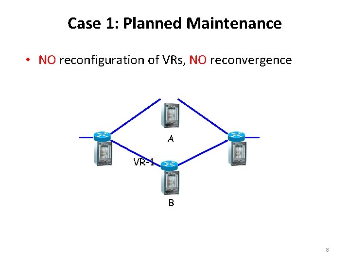 Case 1: Planned Maintenance • NO reconfiguration of VRs, NO reconvergence A VR-1 B