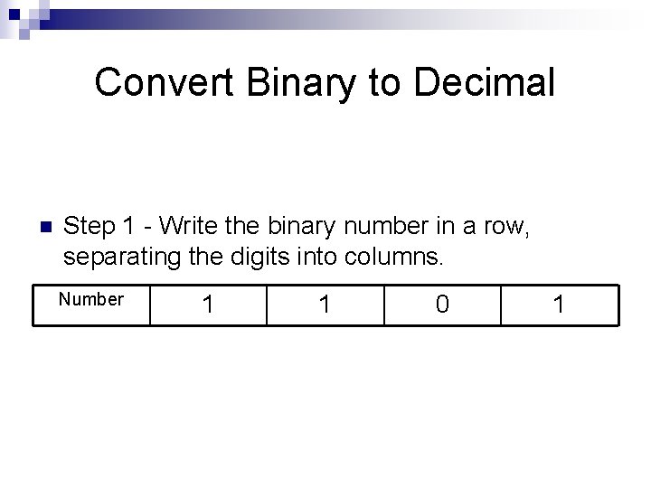Convert Binary to Decimal n Step 1 - Write the binary number in a