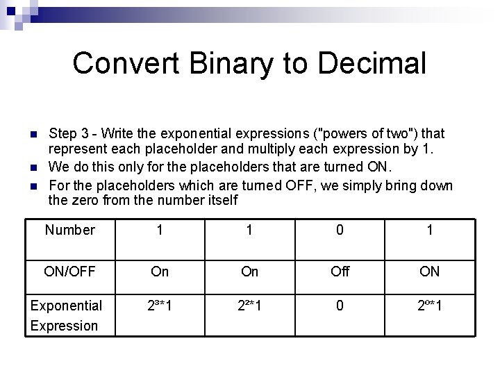Convert Binary to Decimal n n n Step 3 - Write the exponential expressions