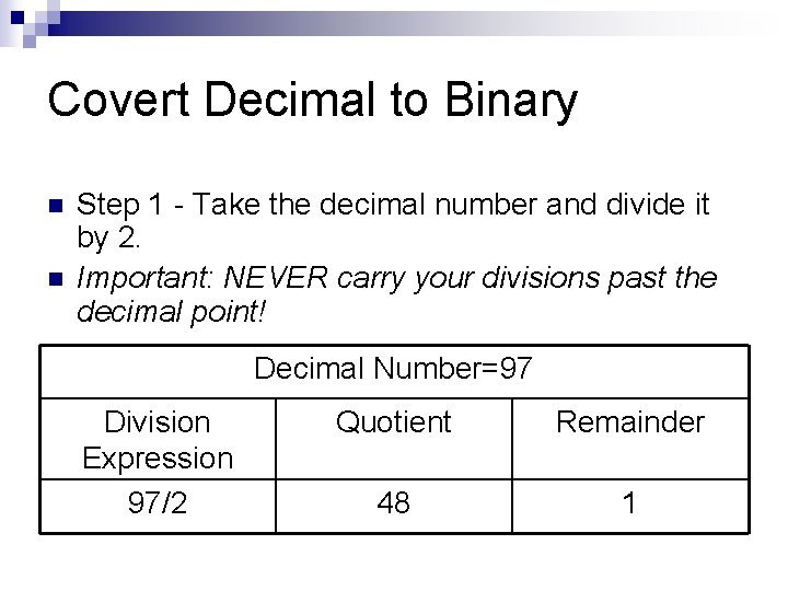 Covert Decimal to Binary n n Step 1 - Take the decimal number and