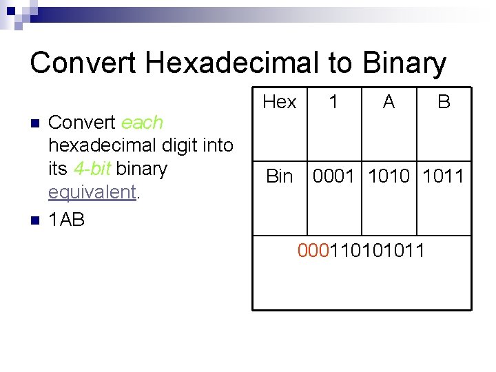 Convert Hexadecimal to Binary n n Convert each hexadecimal digit into its 4 -bit