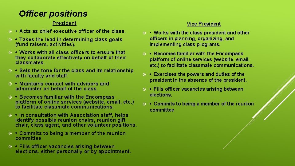 Officer positions President • Acts as chief executive officer of the class. • Takes