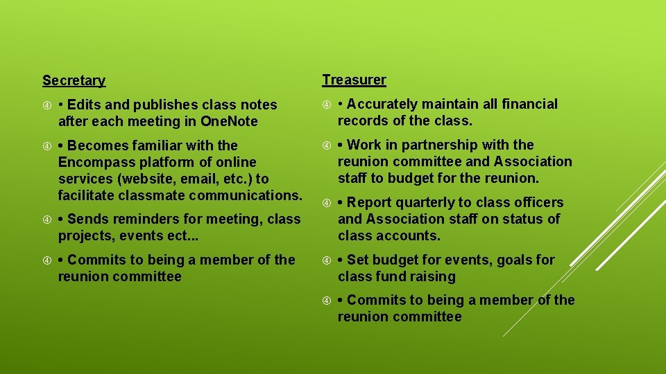 Secretary Treasurer • Edits and publishes class notes after each meeting in One. Note