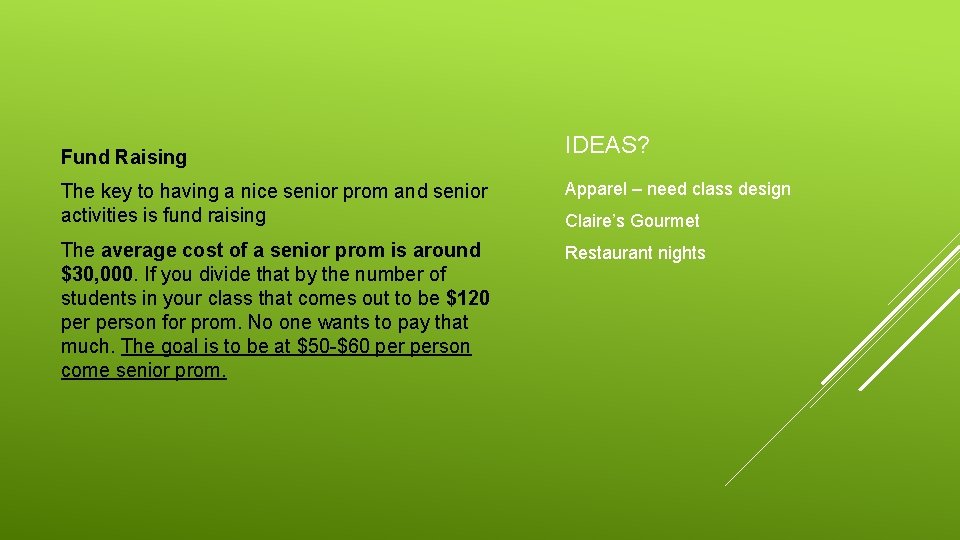 Fund Raising IDEAS? The key to having a nice senior prom and senior activities Fund Raising IDEAS? The key to having a nice senior prom and senior activities