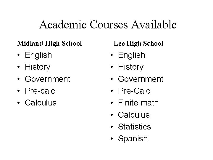 Academic Courses Available Lee High School Midland High School • • • English History