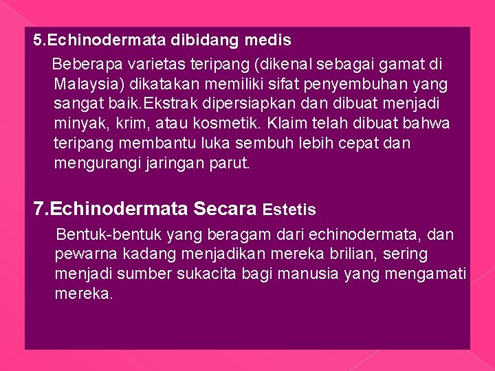 5. Echinodermata dibidang medis Beberapa varietas teripang (dikenal sebagai gamat di Malaysia) dikatakan memiliki