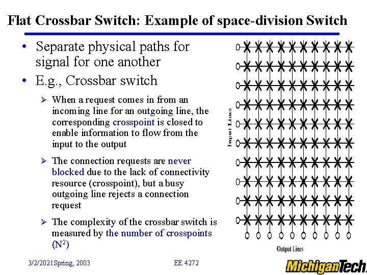 Flat Crossbar Switch: Example of space-division Switch • Separate physical paths for signal for