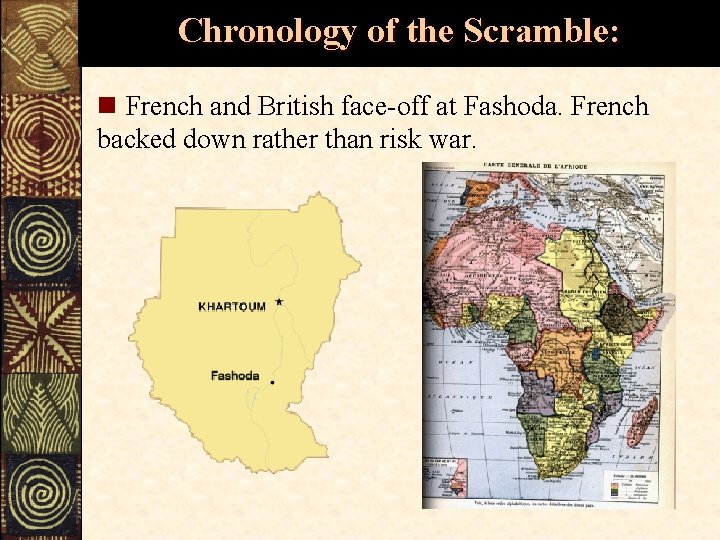 Chronology of the Scramble: n French and British face-off at Fashoda. French backed down