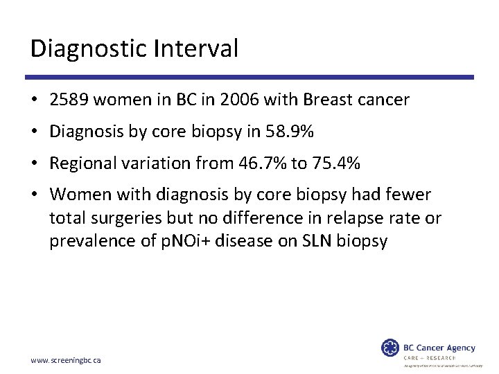 Diagnostic Interval • 2589 women in BC in 2006 with Breast cancer • Diagnosis