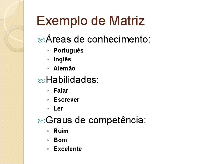 Exemplo de Matriz Áreas de conhecimento: ◦ Português ◦ Inglês ◦ Alemão Habilidades: ◦