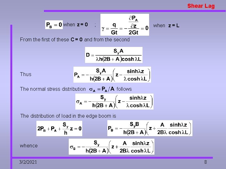Shear Lag when z = 0 ; when z = L From the first