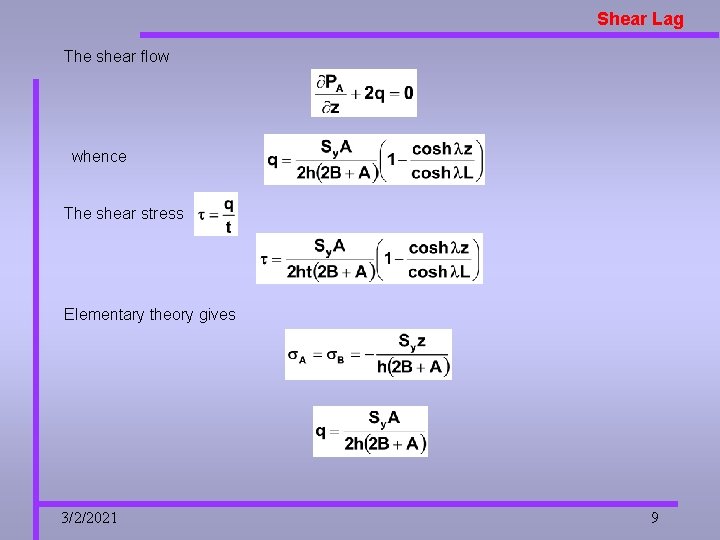 Shear Lag The shear flow whence The shear stress Elementary theory gives 3/2/2021 9