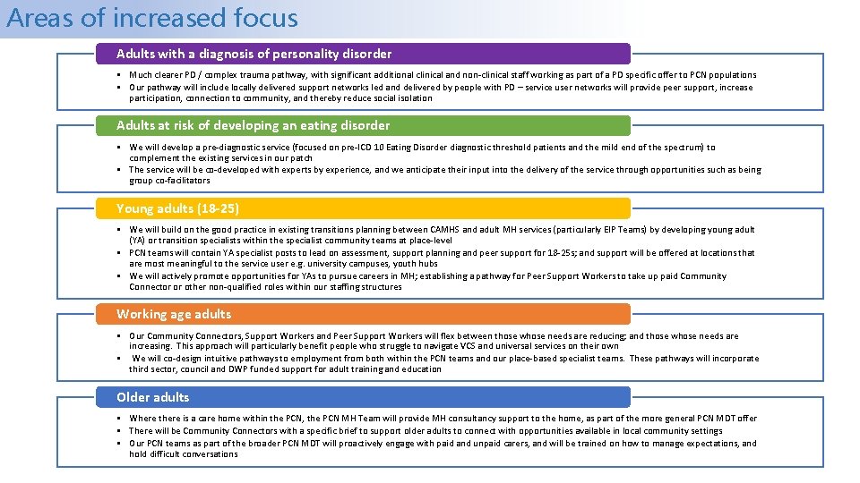 Areas of increased focus Adults with a diagnosis of personality disorder • Much clearer
