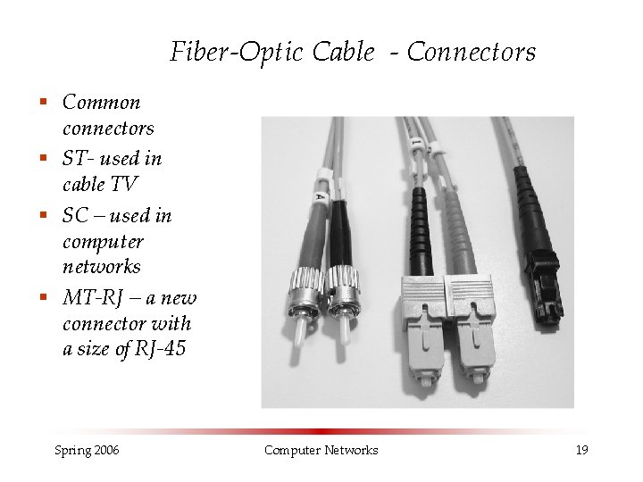 Fiber-Optic Cable - Connectors § Common connectors § ST- used in cable TV § Fiber-Optic Cable - Connectors § Common connectors § ST- used in cable TV §