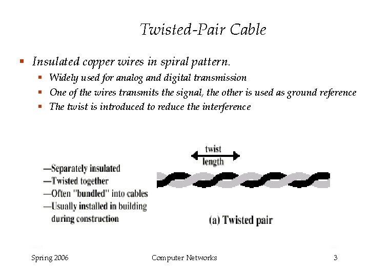 Twisted-Pair Cable § Insulated copper wires in spiral pattern. § Widely used for analog Twisted-Pair Cable § Insulated copper wires in spiral pattern. § Widely used for analog