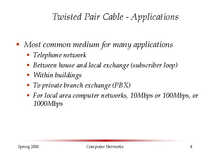 Twisted Pair Cable - Applications § Most common medium for many applications § § Twisted Pair Cable - Applications § Most common medium for many applications § §