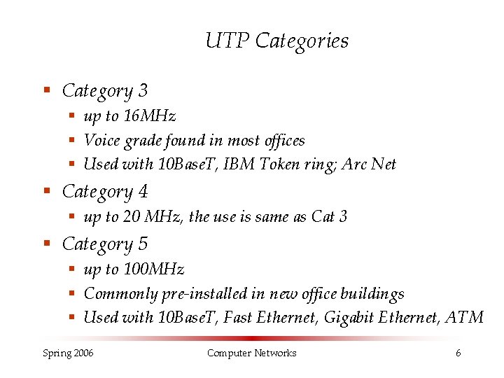 UTP Categories § Category 3 § up to 16 MHz § Voice grade found UTP Categories § Category 3 § up to 16 MHz § Voice grade found
