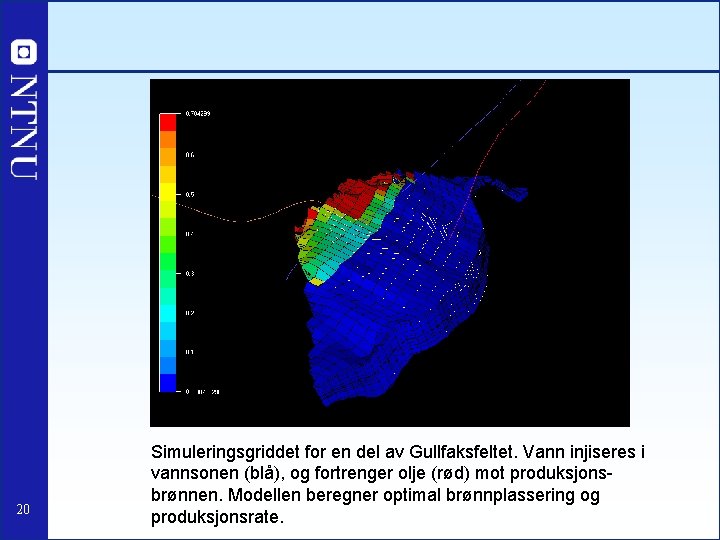 20 Simuleringsgriddet for en del av Gullfaksfeltet. Vann injiseres i vannsonen (blå), og fortrenger