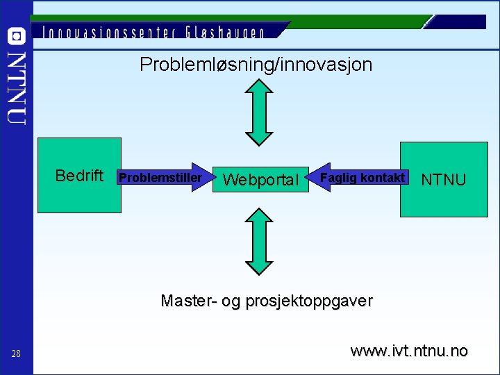  Problemløsning/innovasjon Bedrift Problemstiller Webportal Faglig kontakt NTNU Master- og prosjektoppgaver 28 www. ivt.