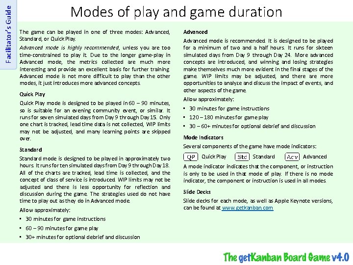 Facilitator’s Guide Modes of play and game duration The game can be played in