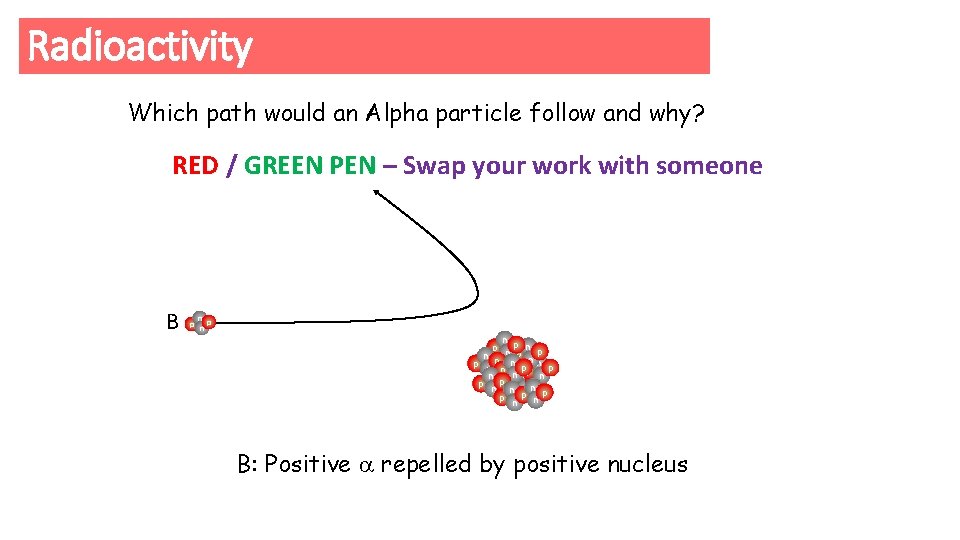 Radioactivity Which path would an Alpha particle follow and why? RED / GREEN PEN