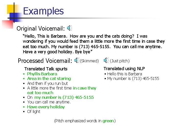Examples Original Voicemail: “Hello, This is Barbara. How are you and the cats doing? Examples Original Voicemail: “Hello, This is Barbara. How are you and the cats doing?