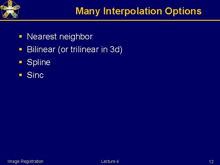 Many Interpolation Options § § Nearest neighbor Bilinear (or trilinear in 3 d) Spline