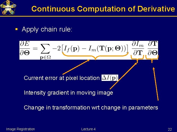 Continuous Computation of Derivative § Apply chain rule: Current error at pixel location Intensity