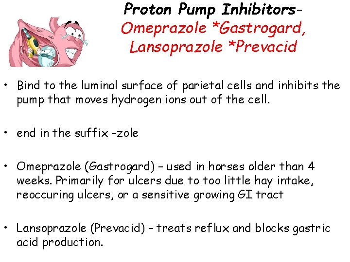 Proton Pump Inhibitors. Omeprazole *Gastrogard, Lansoprazole *Prevacid • Bind to the luminal surface of