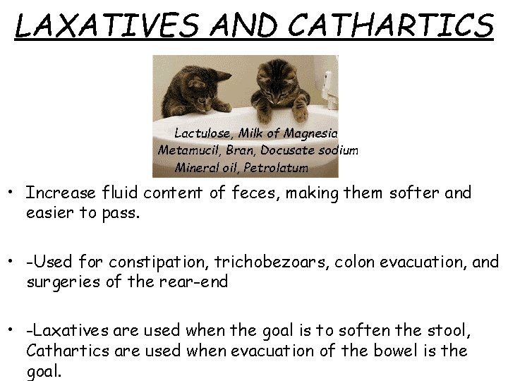 LAXATIVES AND CATHARTICS Lactulose, Milk of Magnesia Metamucil, Bran, Docusate sodium Mineral oil, Petrolatum