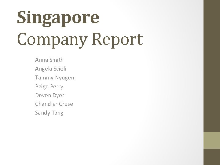 Singapore Company Report Anna Smith Angela Scioli Tammy Nyugen Paige Perry Devon Dyer Chandler