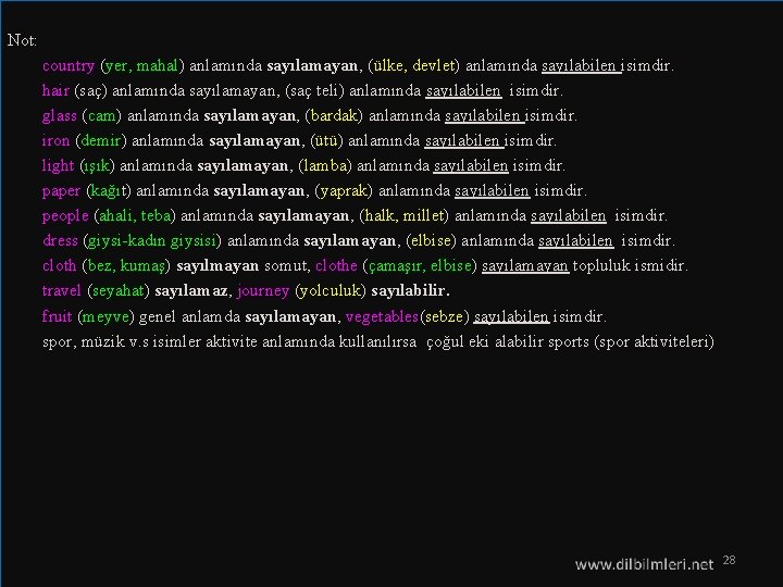  Not: country (yer, mahal) anlamında sayılamayan, (ülke, devlet) anlamında sayılabilen isimdir. hair (saç)
