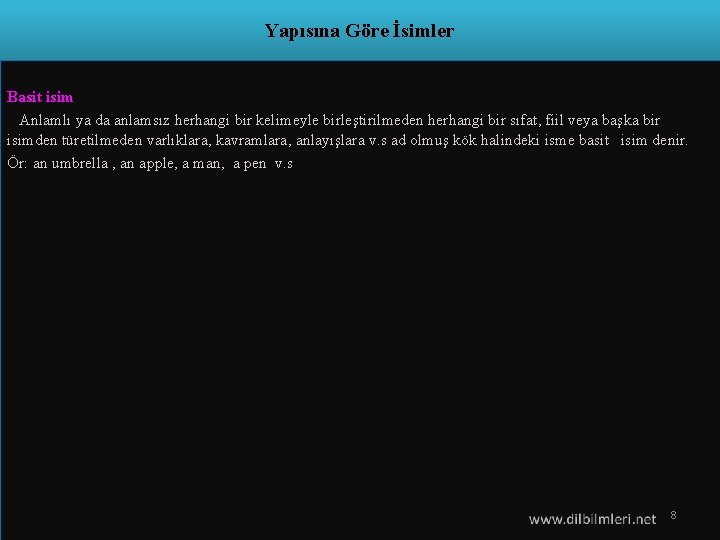 Yapısına Göre İsimler Basit isim Anlamlı ya da anlamsız herhangi bir kelimeyle birleştirilmeden herhangi