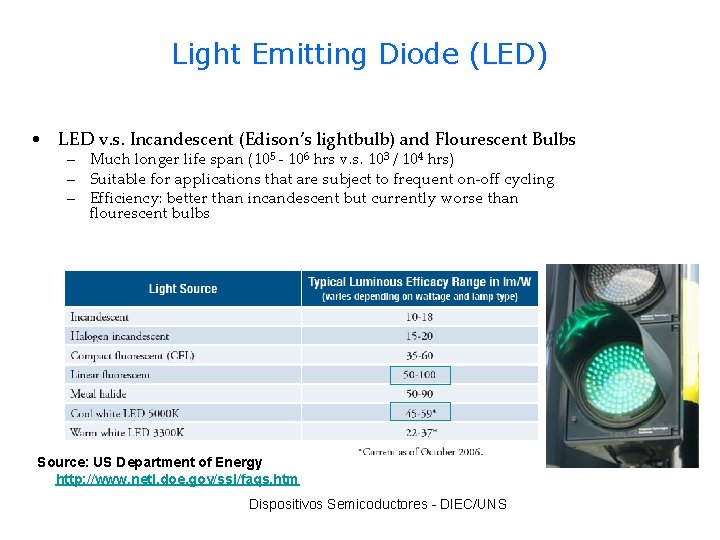 Light Emitting Diode (LED) • LED v. s. Incandescent (Edison’s lightbulb) and Flourescent Bulbs