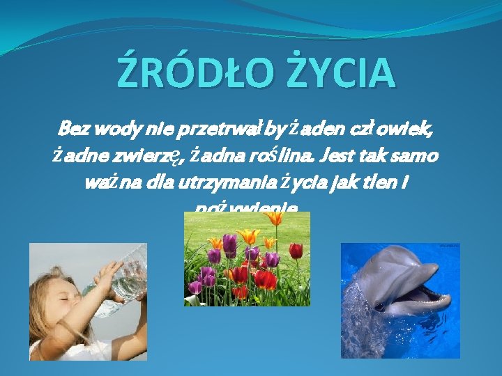 ŹRÓDŁO ŻYCIA Bez wody nie przetrwałby żaden człowiek, żadne zwierzę, żadna roślina. Jest tak