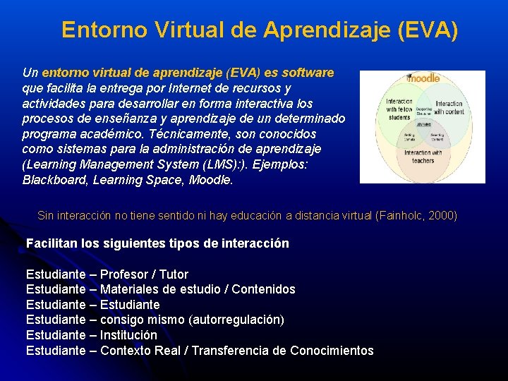 Entorno Virtual de Aprendizaje (EVA) Un entorno virtual de aprendizaje (EVA) es software que