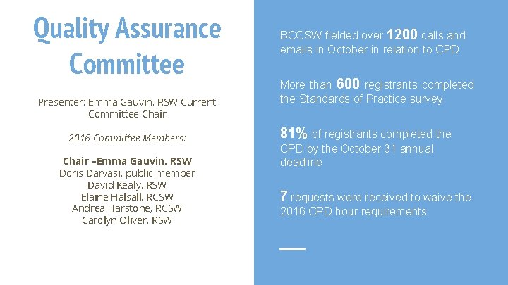 Quality Assurance Committee Presenter: Emma Gauvin, RSW Current Committee Chair 2016 Committee Members: Chair