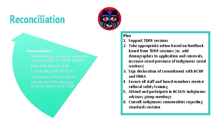 Reconciliation - Implementing, reviewing, evaluation & taking action on TDRR initiative - Educating board