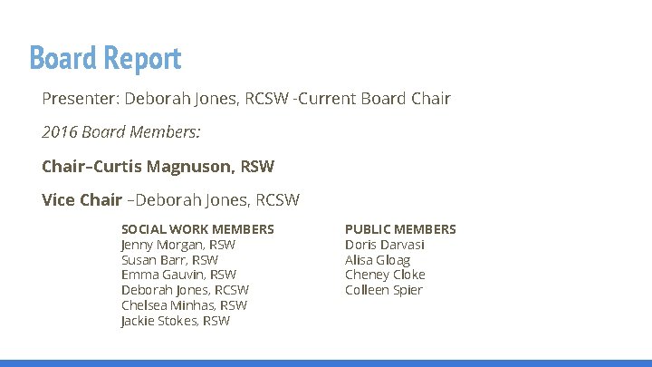 Board Report Presenter: Deborah Jones, RCSW -Current Board Chair 2016 Board Members: Chair–Curtis Magnuson,