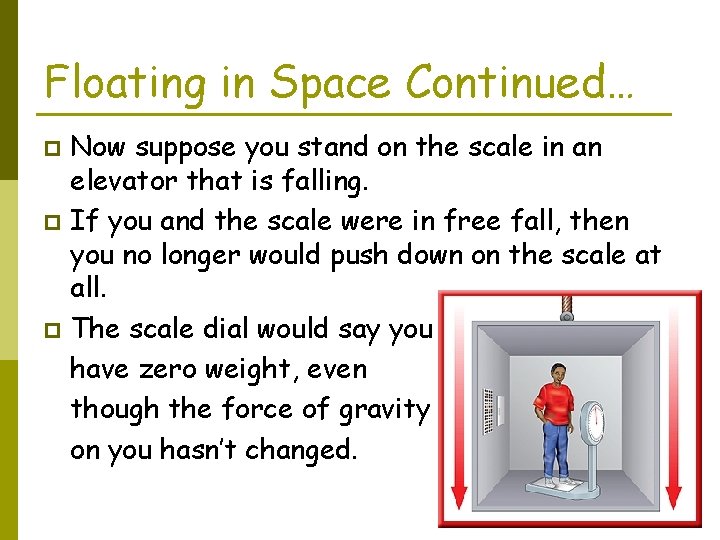 Floating in Space Continued… Now suppose you stand on the scale in an elevator
