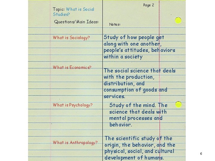 Page 2 Topic: What is Social Studies? Questions/Main Ideas: Notes: What is Sociology? Study