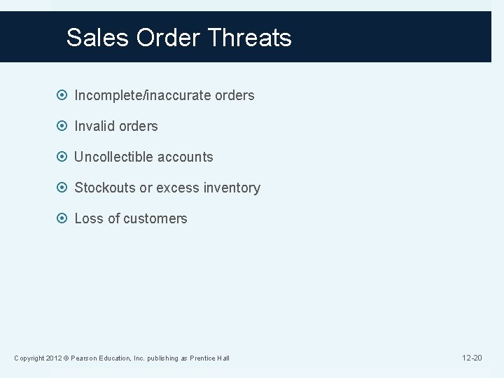 Sales Order Threats Incomplete/inaccurate orders Invalid orders Uncollectible accounts Stockouts or excess inventory Loss