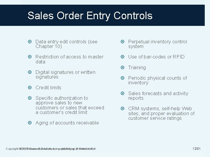 Sales Order Entry Controls Data entry edit controls (see Chapter 10) Perpetual inventory control