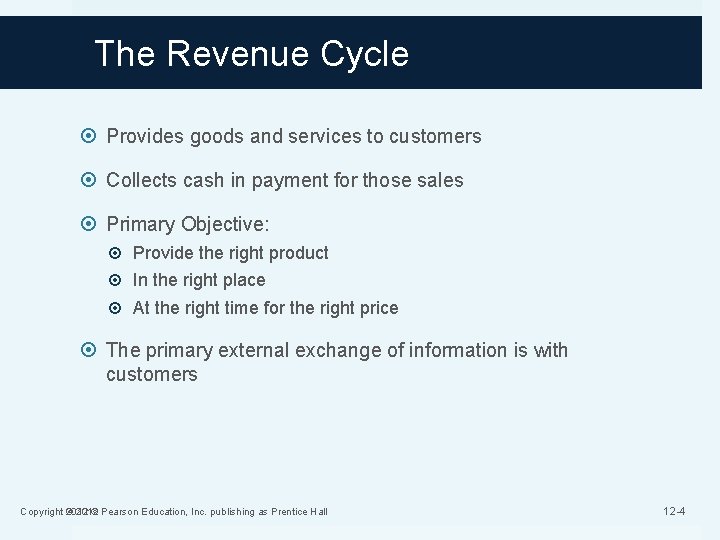 The Revenue Cycle Provides goods and services to customers Collects cash in payment for
